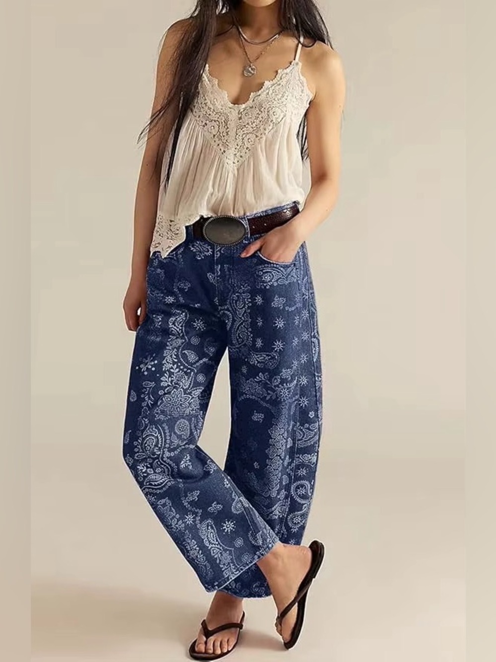 Boho Paisley Wide-Leg Barrel Jeans